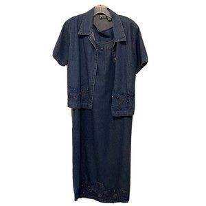 PTNY Blue 2 Piece Denim Jumper Dress Jacket Floral Applique SLEEVELESS LARGE